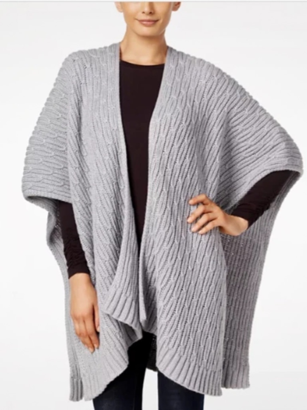 Michael Kors Gray Cable Knit Poncho Wrap One Size Quiet Luxury Minimalist